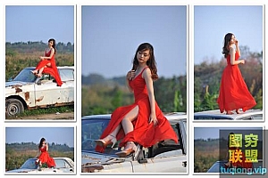 5张红裙美女废旧车顶摄影写真RAW原片NEF格式素材