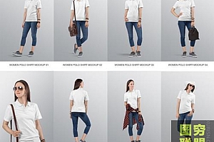 8P 女性Polo T恤样机模型套装Womens Polo T-Shirt Mockup Set