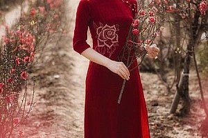 24张红色奥黛美女桃花园拍摄写真RAW原图NEF原片