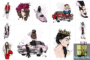 11P 穿着时髦服饰的漂亮女孩搭配时尚配饰 矢量插画集